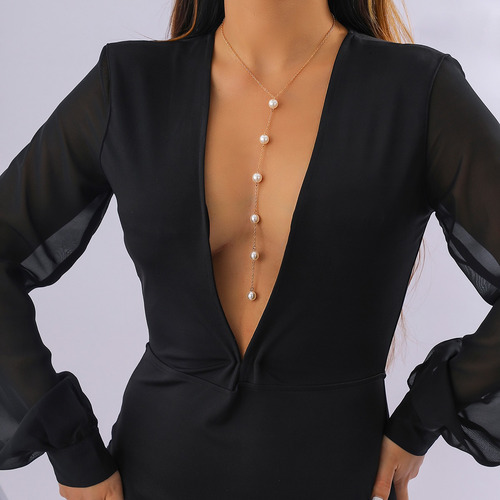 Elegante Collar De Cadena En El Pecho Con Perlas De Imitació