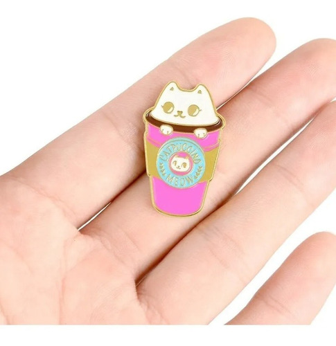 Pin Metálico Gato Starbucks Capuchino Café Kawaii Rosa