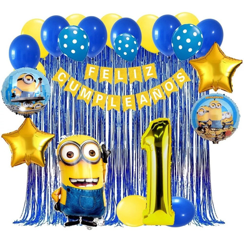 Kit Decoracion Minion Numero Feston Cumpleaños Azul Amarillo