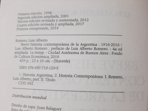 Breve Historia Contemporanea Arg 1916/ 2016 L A Romero Fce