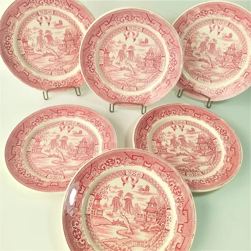 Hermoso Juego De Platos De Postre En Loza Willow Color Rosa. (Usado)