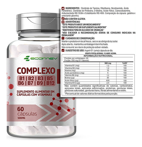 2x Complexo B Puro Com Ácido Fólico Biotina 500mg 120cáps