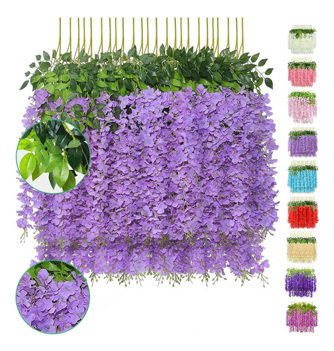 24pzs Flores Artificial Wisteria Decoración Fiesta Boda 1.1m Lavanda