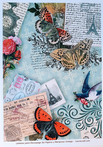 Decoupage Laminas Set Pajaro Y Mariposas Vintage Laura Craft