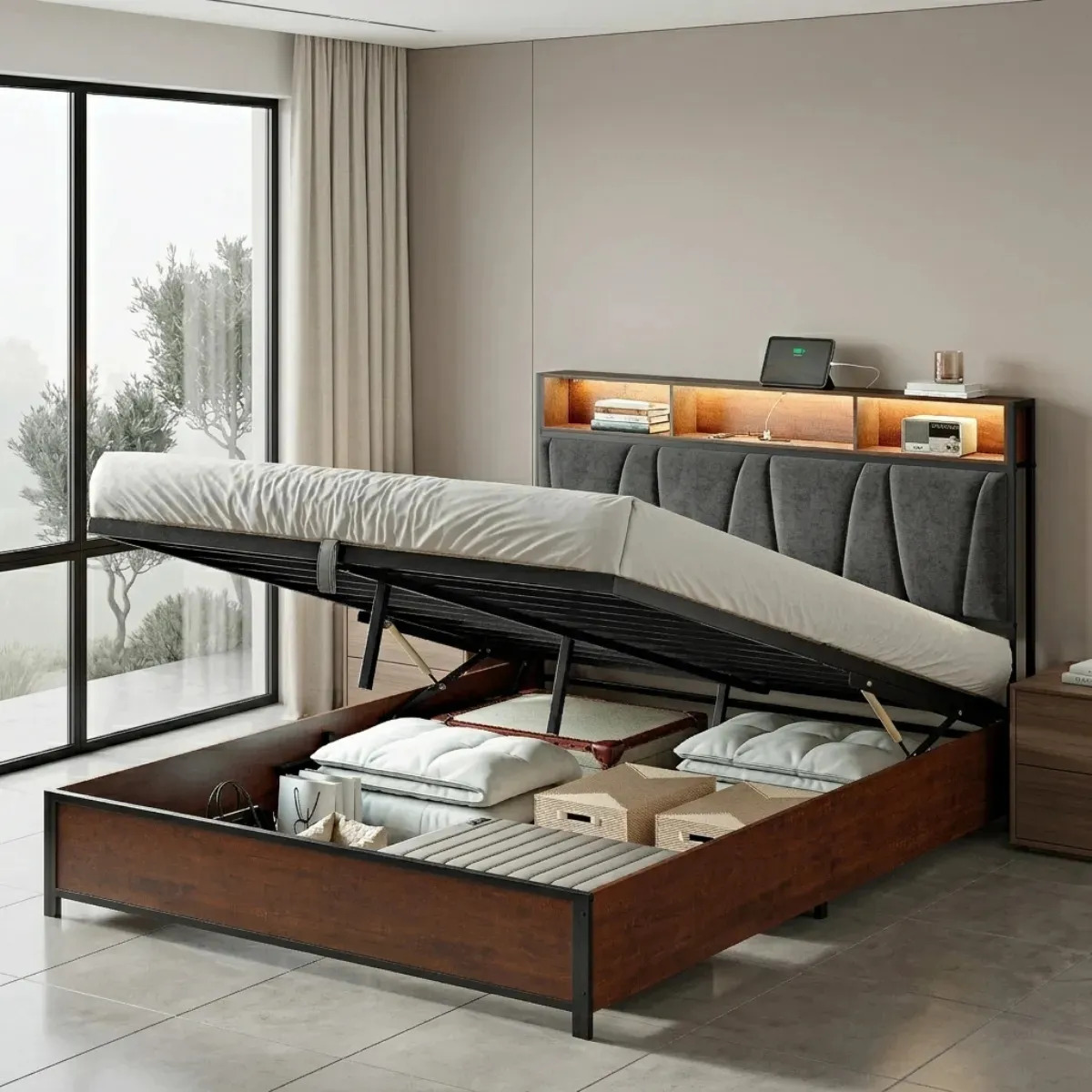 Base De Cama Matrimonial Elevable Con Puertos Usb, Luces Led Gris