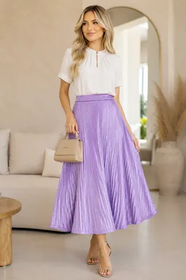 Saia Midi Feminina Cintura Alta Evangélica Social Elegante Lilás Canelado G