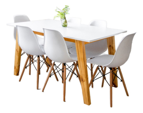 Juego Comedor Nórdico Mesa Madera 140x80 + 6 Sillas Eames Color Blanco