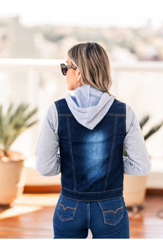 Imagem 2 de 3 de Jaqueta Casaco Jeans Feminina Com Manga Moletom Com Touca