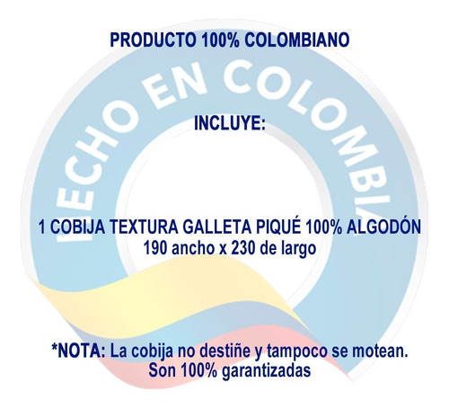 Cobija Fatelares Cubrecama PiquéGalleta 100% Algodón de 1.90 x 2.30 m 