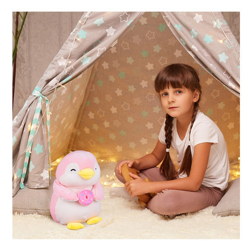 Miniso Peluche Pingüino Con Dona 34x22 Cm Color Rosa