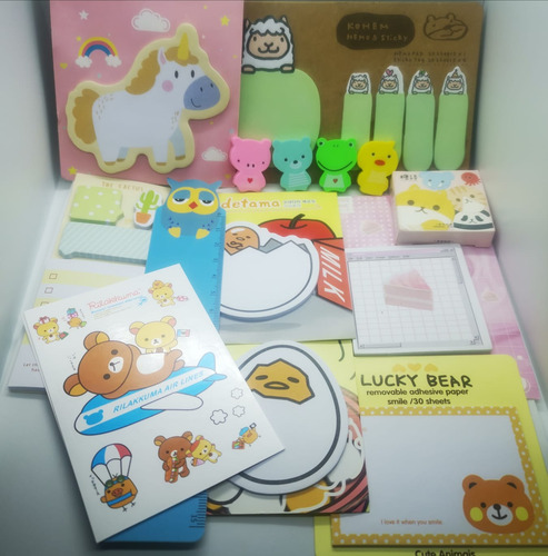 Pack 11 Pzas Papelería Kawaii Gudetama Rilakkuma Cactus Nota
