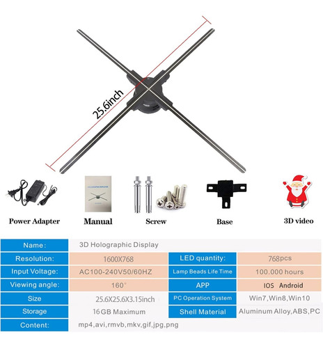 65cm Ventilador De Holograma 3d, 768 Contas Led Em 4 Lâminas