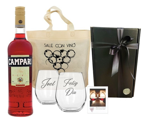 Regalo Box Campari + 2 Vasos Vidrio Grabados Caja Estuche 