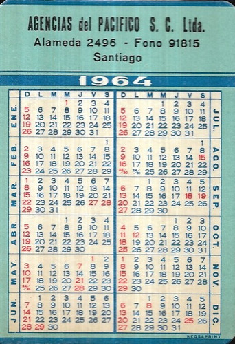 Calendario De Bolsillo / 1964