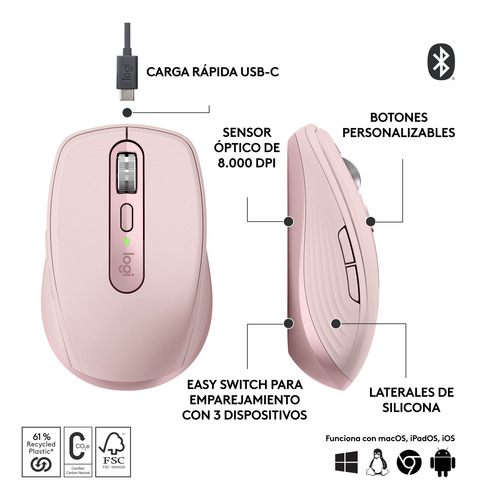 Mouse Inalámbrico Compacto Logitech Mx Anywhere 3s Rosado