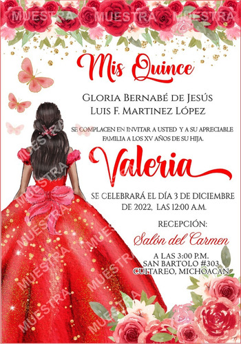 Invitacion Xv Años Roja Flores Digital Personalizada