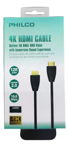 Cable Hdmi 3.6 Metros 2.0 Philco Fwv1438bn Ultra Hd 4k 60hz Alta Velocidad 10.6gbps Arc 3d Para Tv Monitor Proyector Consola