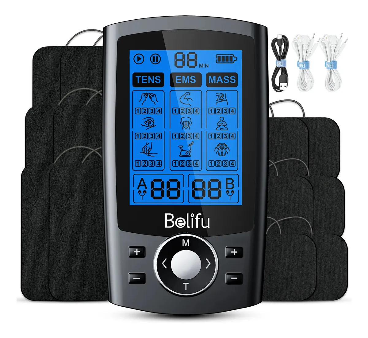 Belifu 36modos 12electrods 2canales Electroestimulador TENS/EMS/MASS Portátil Recargable, Pantalla LCD, Modelo 2026 con Conexión de Pin
