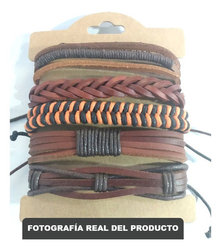 Imagen 5 de 6 de Set De 5 Pulseras De Cuero Color Miel