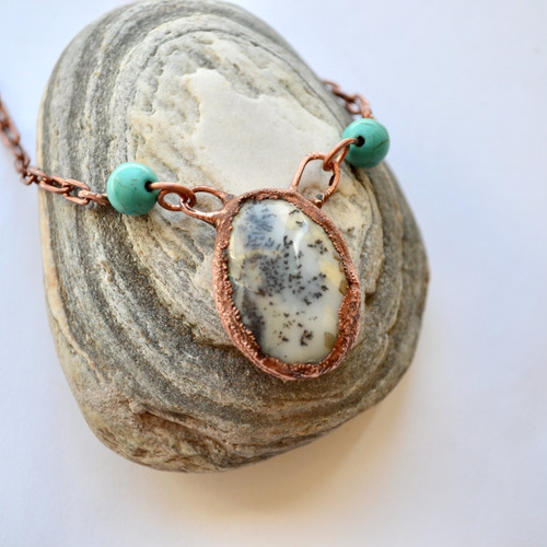 Collar Piedra Agata Y Howlitas Turquesa, Cadena Cobre, Cod1