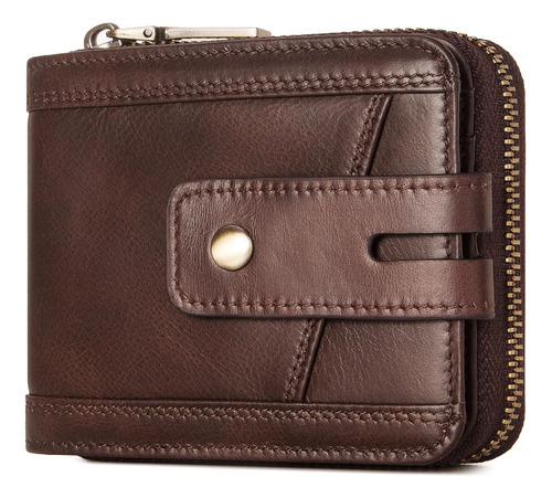 Cartera Para Hombre De Piel Con Cremallera Bloqueo Rfid Café