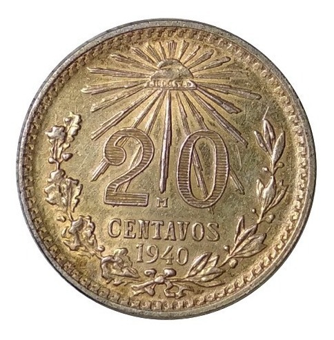 Moneda 20 Centavos 1940 Resplandor Plata Datos Claros Bonita
