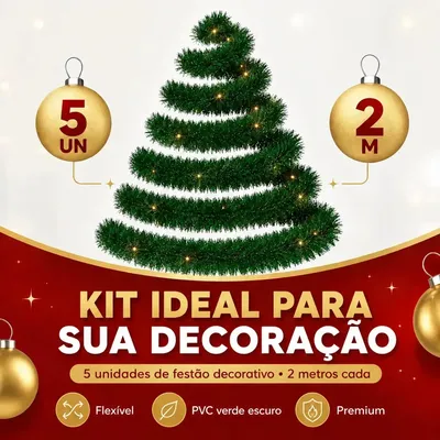 Festão Arvore de Natal Cheio Grosso Flexível Decoração De Natal 10 Metros Verde Varal Natalino 5 Peças 2m x 9cm - Petite Flô