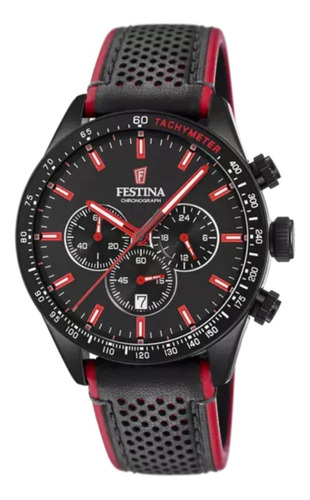 Reloj de pulsera Festina The Originals F20359 de cuerpo color negro, analógico, para hombre, fondo negro, con correa de cuero color negro y rojo, agujas color rojo y blanco, dial rojo y blanco, subesferas color negro, minutero/segundero blanco, bisel color negro y hebilla simple