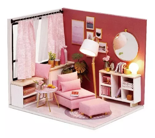 1:24 HAZLO TÚ MISMO Casa de muñecas en miniatura de madera Kit De Casa De Muñecas-rosa recuerdos Sala Modelo 