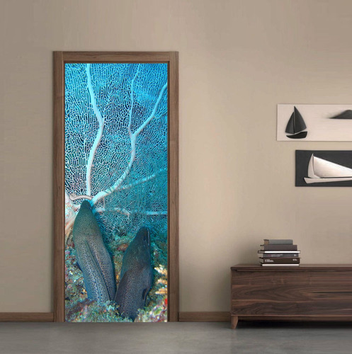 Vinilo Para Puerta Peces Coral Mar Oceano Vinilo Deco M9