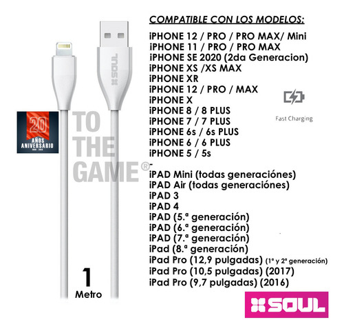 Imagen 2 de 3 de Cable Usb Reforzado Compatible iPhone SE 6 7 8 Plus Xr Xs 11