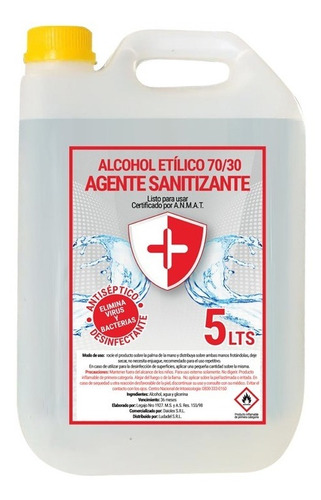 Alcohol Etílico 70/30 Certificado Por A.n.m.a.t