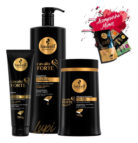  Kit Haskell Cavalo Forte Shampoo 1l Máscara 1kg + Leave-in