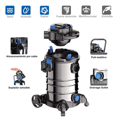 4 En 1 Aspiradora Industrial Solido Y Liquido Alta Potencia 25lts Vacío 17kpa La Cabeza Desmontable Se Puede Utilizar Como Aspiradora Negro Plateado