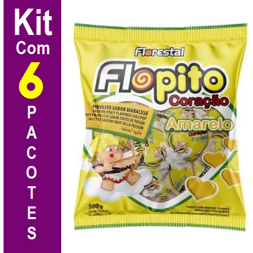 Pirulito Coracao Flopito Amarelo Kit Com 6pct Com 50un