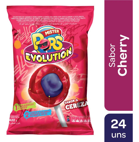 Bolsa 24 Chupetines Mr Pops Evolution Cherry Cereza + Chicle