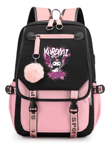 Mochila Escolar Kuromi Con Bolsillo Lateral Grande