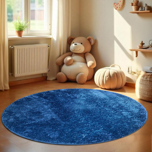 1 Tapete Quarto Infantil Peludo Redondo 1,50m Oa Cl Azj Comprimento 1.5 M Cor Azul Jeans Escuro Marinho Desenho Do Tecido Felpudo Liso Largura 1.5 M
