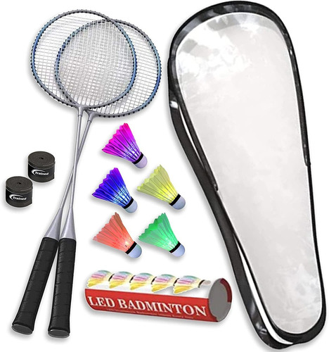 Set De Badminton 2 Raquetas + 5 Plumas Con Luces Led Trained