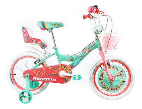 Bicicleta cross infantil Benotto Infantil Flower Power R16 Único 1v frenos v-brakes color aqua/rosa neón con ruedas de entrenamiento