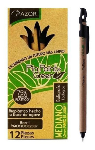 Boligrafo Azor Pinpoint Green Negro Mediano 1.0 Mm 12 Pzs