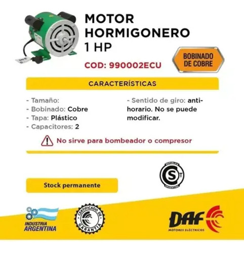 Motor Hormigonera Daf 1 Hp Monofasico. 180 Lts.