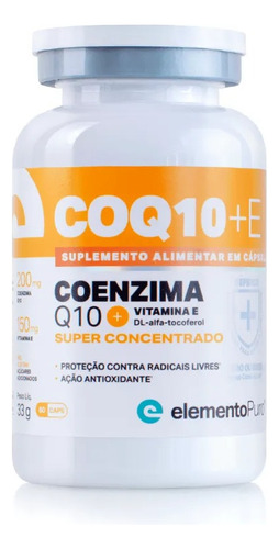 CoQ10+E Coenzima Q10 200mg + Vitamina E 150mg Super Concentrado 60cps Sabor Sem sabor Elemento Puro