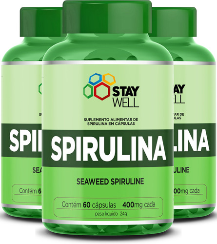 3 Potes Da Spirulina 100% Pura - Fórmula Exclusiva com Matéria Prima Importada. - 180 Cápsulas