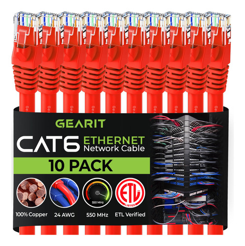 Gearit Cable Ethernet Cat 6 De 2 Pies (paquete De 10)  Cabl