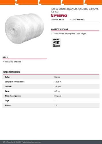 Rafia 4.5kg Blanca 3.8g/m Fiero 45038