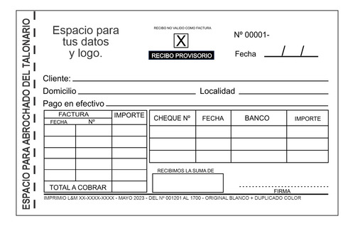 2 Talonarios Recibos Provisorios Por Duplicado Personalizado