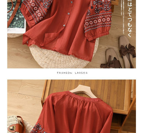 Blusa Bordada De Lino Y Algodón Con Mangas Tipo Farol