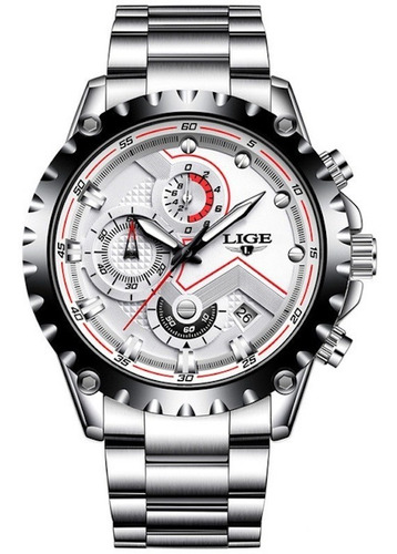 Reloj Hombre Lige 9821 Cronografo 3bar Pulso Acero Blanco