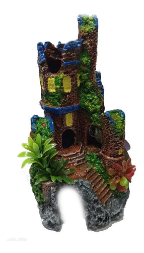 Enfeite Aquário Castelo Toca Ruína Color Com Plantas